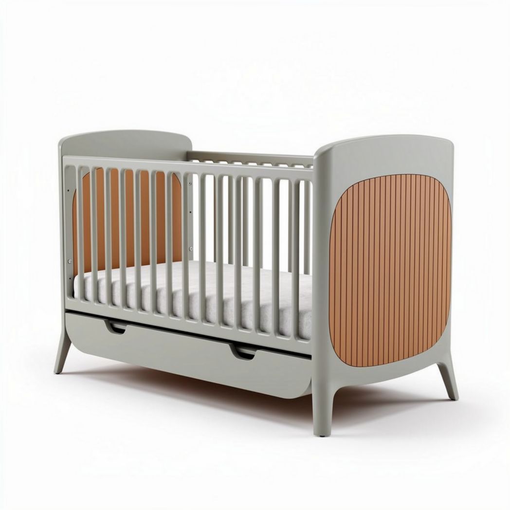 Kinderbett aus holz in grau und braun mit schublade 120 x 60 x 80 cm