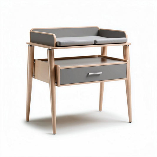 Wickeltisch aus Holz mit grauer Auflage und Schublade 80 x 45 x 90cm